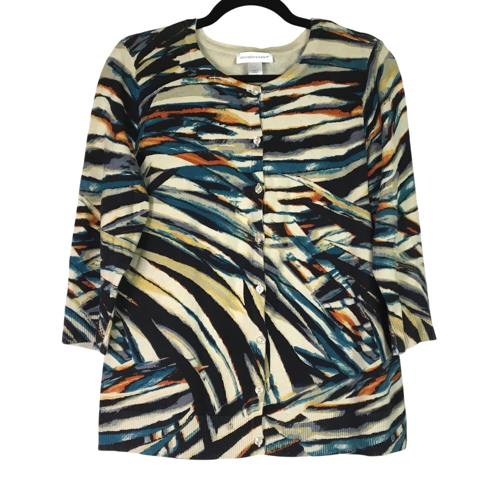 Christopher & Banks Abstract Brushstroke Button Front Cardigan L Multicolor‎